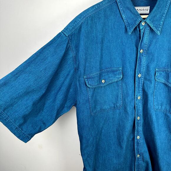 Vintage Nouvo Teal Blue Denim Button Down Short Sleeve Shirt Men's XL 90s Y2K - Picture 4 of 7